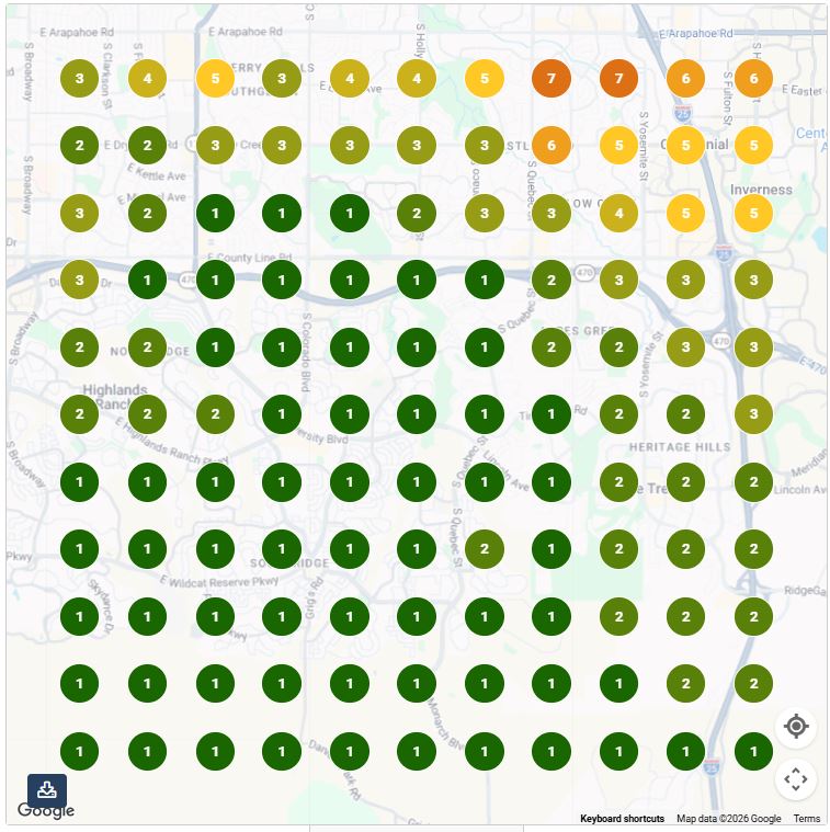 Google Maps ranking grid after: nearly every point on the map shows this business ranked number one