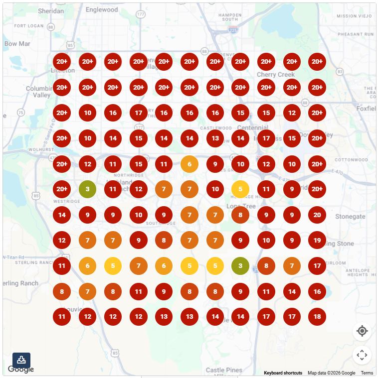 Google Maps ranking grid before: nearly every point on the map shows this business ranked 20th or worse